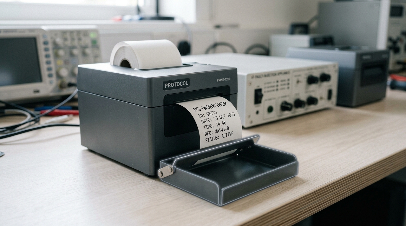 A thermal ticket printer at a console with a pale verification strip caught curling half out of its slot, and a second console standing apart from the main one, angled toward it