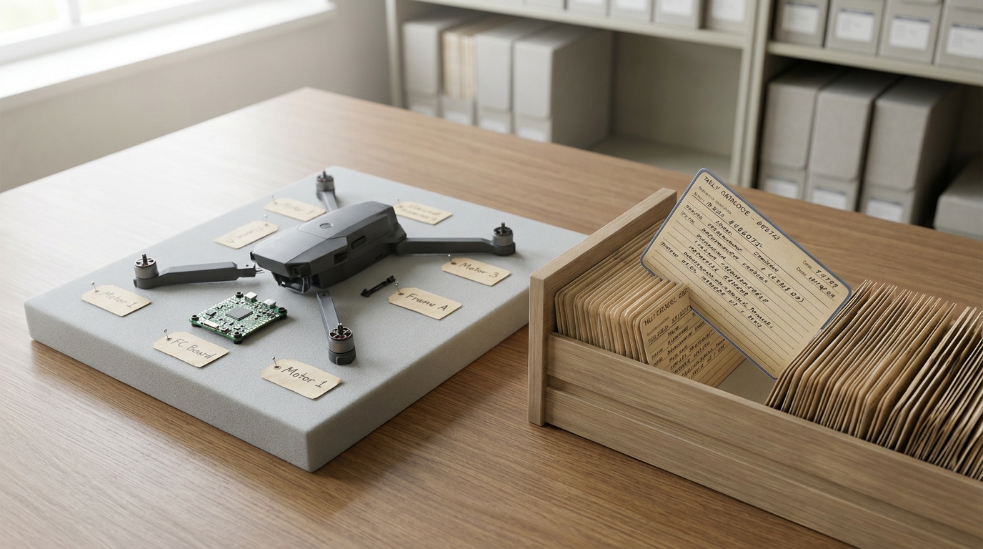 A disassembled small quadcopter airframe on a foam tray beside a card-catalogue drawer of conflict-event tally cards, one card caught being filed under a hand-lettered heading