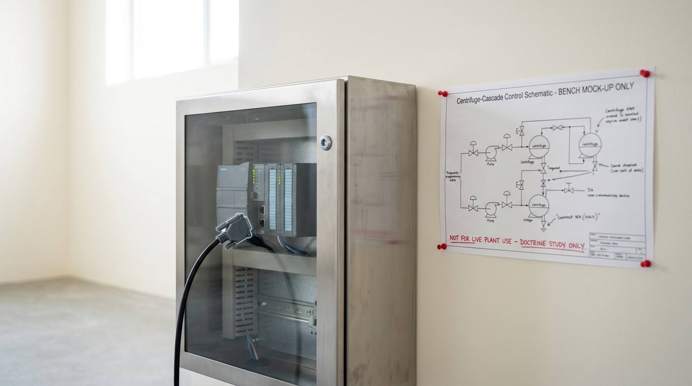 A glass-fronted industrial control cabinet with a programmable-logic controller module on an isolated test bench, a single diagnostic cable caught mid-unplug from its port
