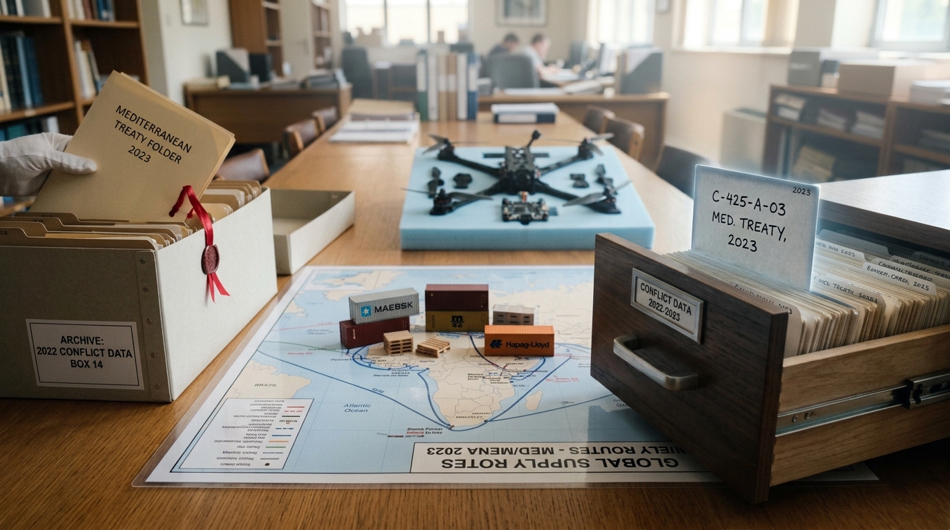 A long archive table holding an open treaty document box, a laminated logistics route map, a model container cluster, and a disassembled drone frame, with a filing drawer of event-coding cards still half open