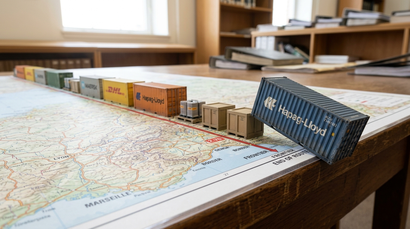 A lateral row of scale-model shipping containers and fuel pallets along a laminated route map, the furthest container caught tipping off the edge of the mapped supply line