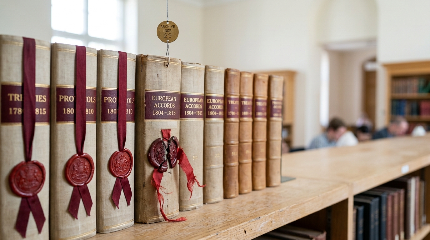 A row of archival treaty binders each bearing an intact wax seal, an inspection tag being lowered onto the one binder whose seal is broken