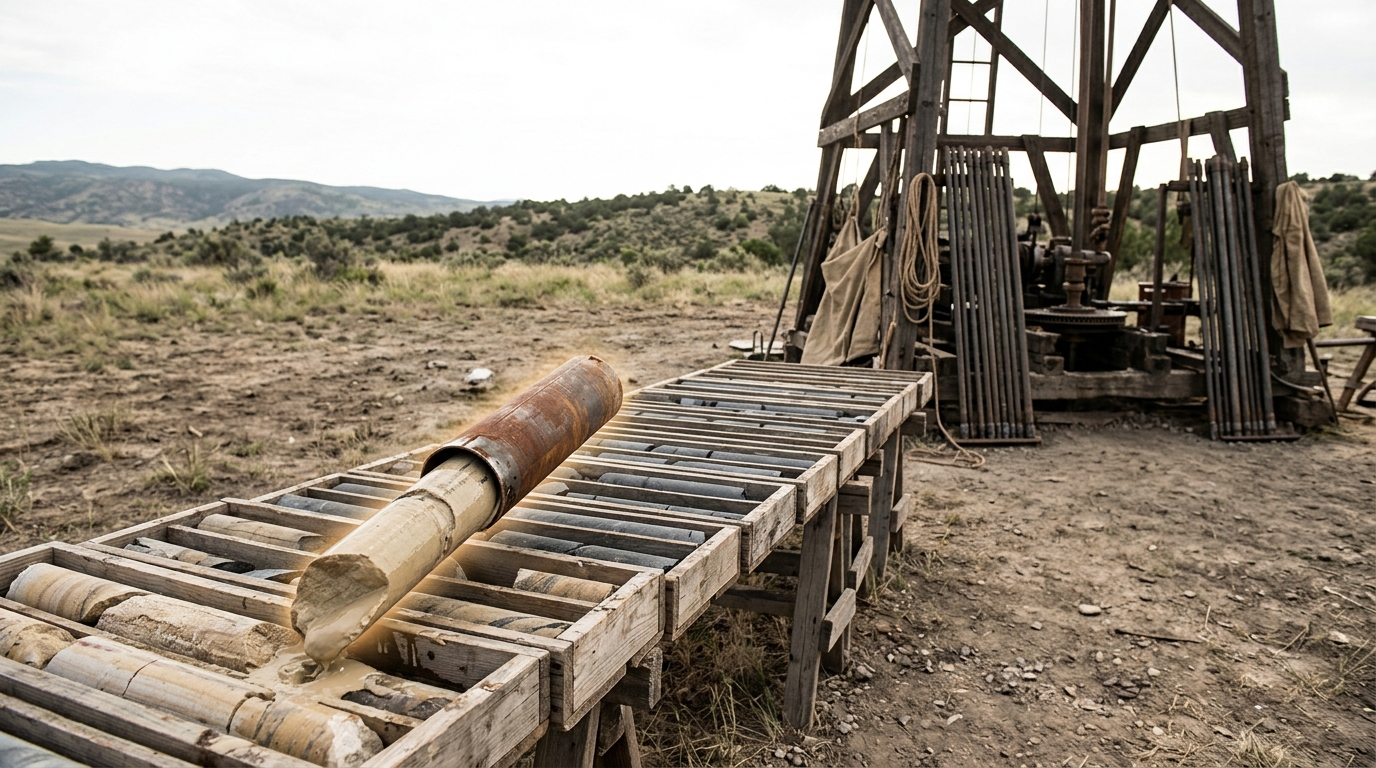 A timber drilling derrick on open ground with a long run of rock core in wooden trays on trestles, one fresh core section caught tilted as it slides from the barrel toward an empty slot