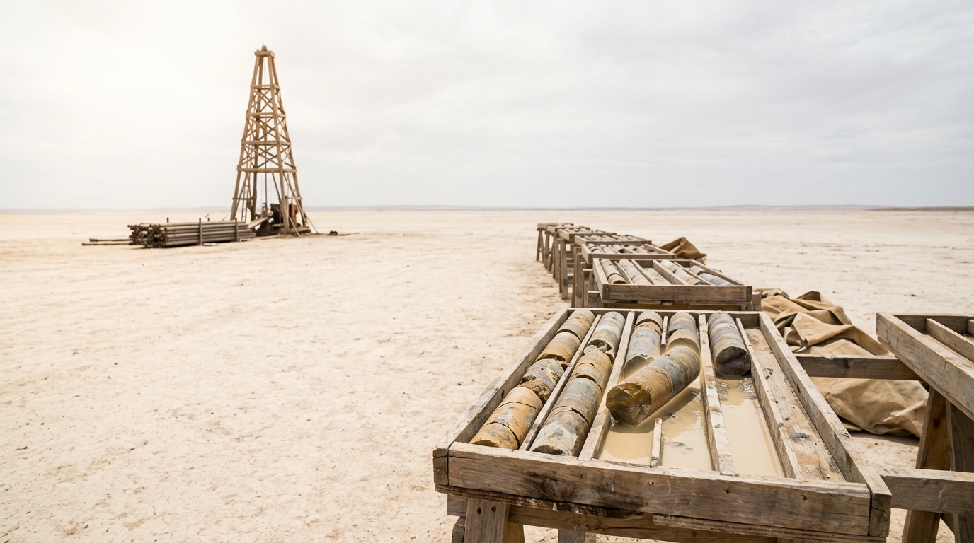 A lone timber derrick far off on a wide flat pale ground with one narrow line of core trays running toward the viewer, the nearest tray still half empty with one section just laid in