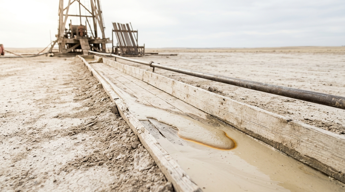 A timber-lined mud return ditch running from a drilling derrick across pale ground, its near stretch wet with buff mud and its far stretch empty and drying, the last thin tongue of mud caught soaking into the channel floor while the feed line above still runs charged