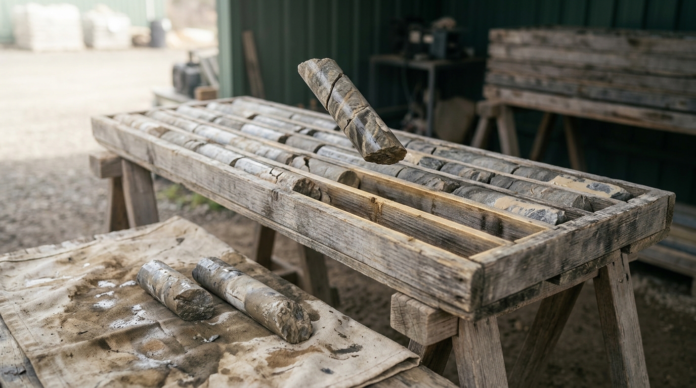A wooden core tray on trestles filled with rock core except for one empty slot, with two loose core stubs of different length lying on canvas beside it and one held tilted above the gap