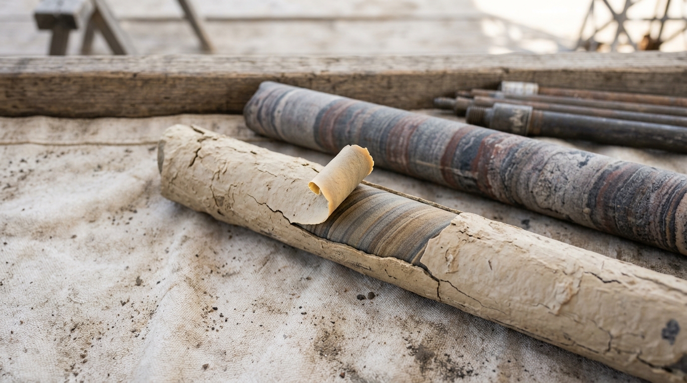 Two lengths of rock core lying on canvas beside a timber tray, one jacketed in a dried buff rind of drilling mud with a thin flake caught curling away from its flank, the other bare and clean
