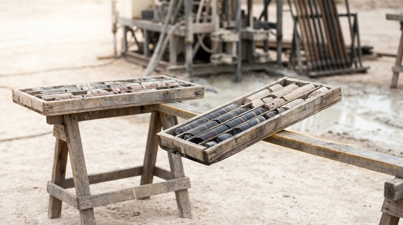 A filled timber core tray balanced across one trestle rail on open ground, caught just past level with its heavier end dropping, and a second tray packed in a different order resting flat behind it
