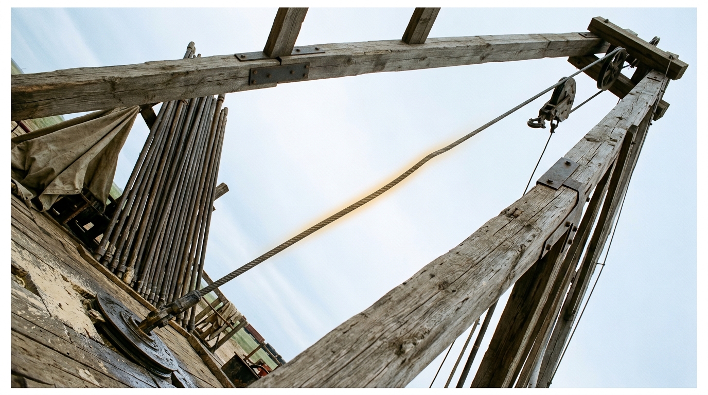 The steel hoist line of a timber drilling derrick running up to its crown sheave, with a single rounded kink caught part-way up the line and visibly flattening as it climbs