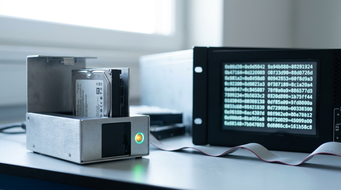 A write-blocking forensic drive dock sits open on a lab bench beside a rack-mounted verification workstation, its screen mid-scroll through a hash comparison, one indicator light not yet settled from amber to green