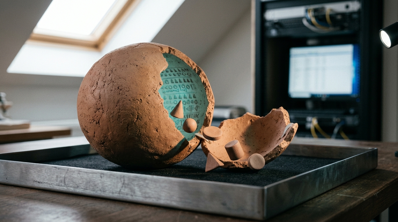 A round clay envelope sits cracked open on an archival tray, spilling small geometric clay tokens, while a conservator's raking lamp throws the impressed markings on the envelope's inner wall into sharp relief