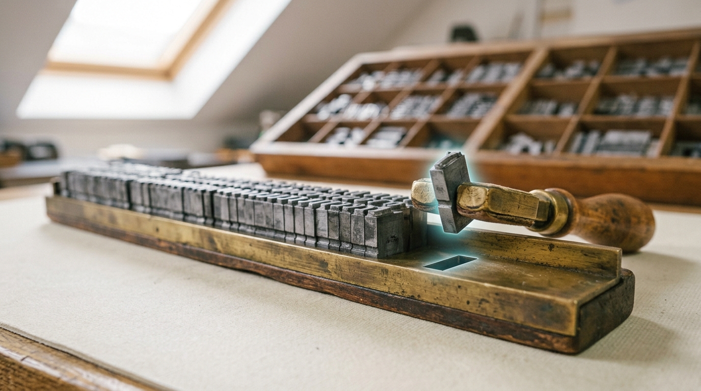 A composing stick partly filled with cast metal type sorts sits on a conservation bench, one more sort held just above its slot by a small lifting jig, not yet seated