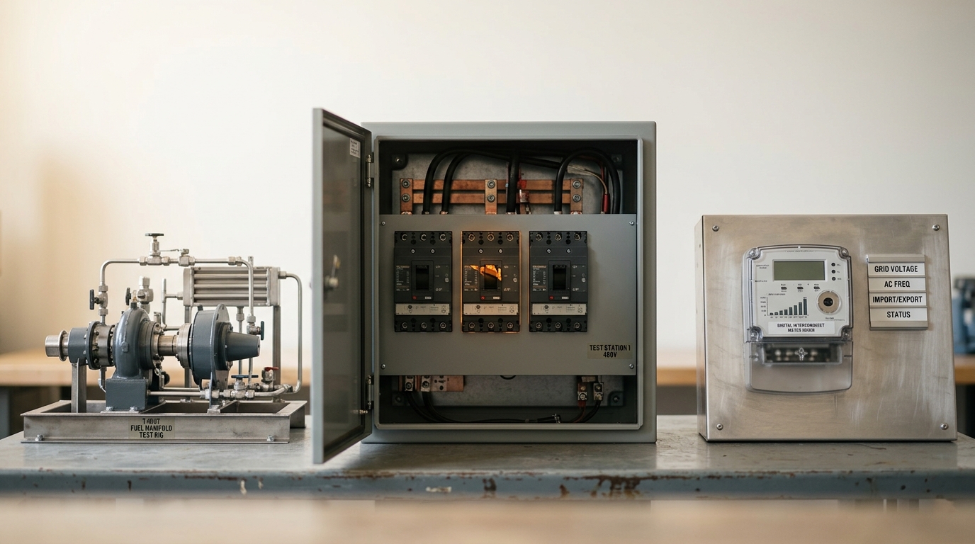A power-sourcing comparison station with a small turbine-skid manifold, a switchgear cabinet, and a nuclear-PPA meter panel side by side, one breaker handle caught mid-throw between detents