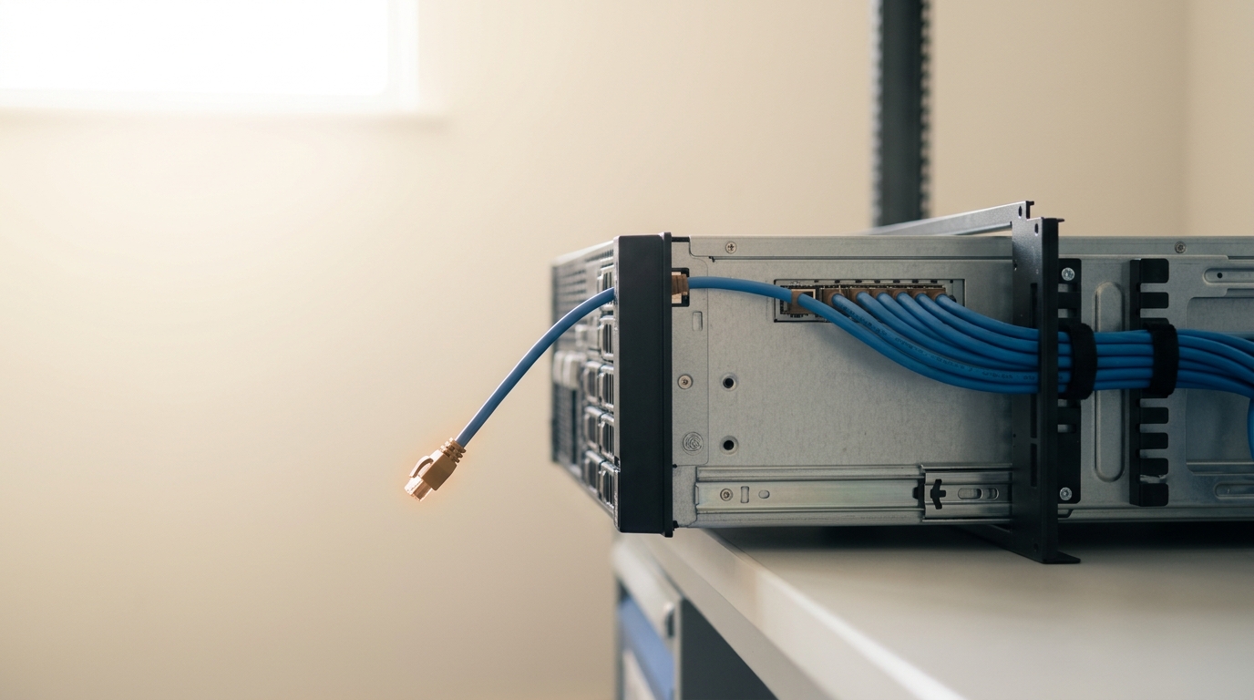 An UltraServer chassis part-slid onto a comparison bench rail with its NeuronLink harness caught mid-connect, one cable still loose in the air