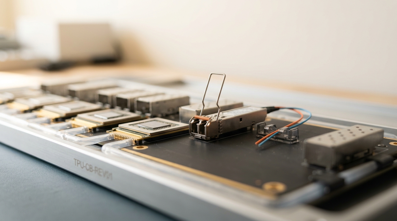 A TPU tray on a test bench with its optical interconnect module caught part-inserted into its cage, the latch still swung open