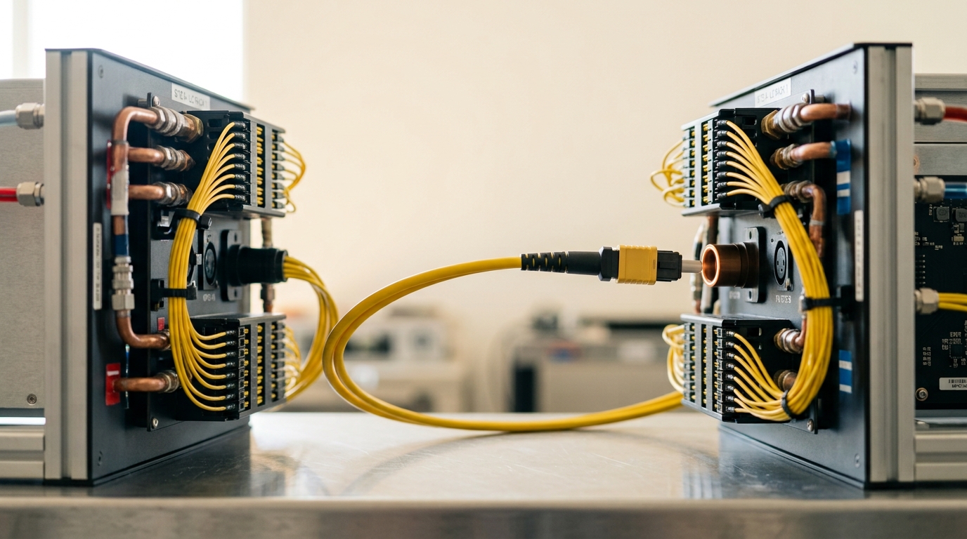 Two separate rack segments on a comparison bench linked by a fibre trunk, its connector caught mid-mate between the two segments with the alignment key not yet seated