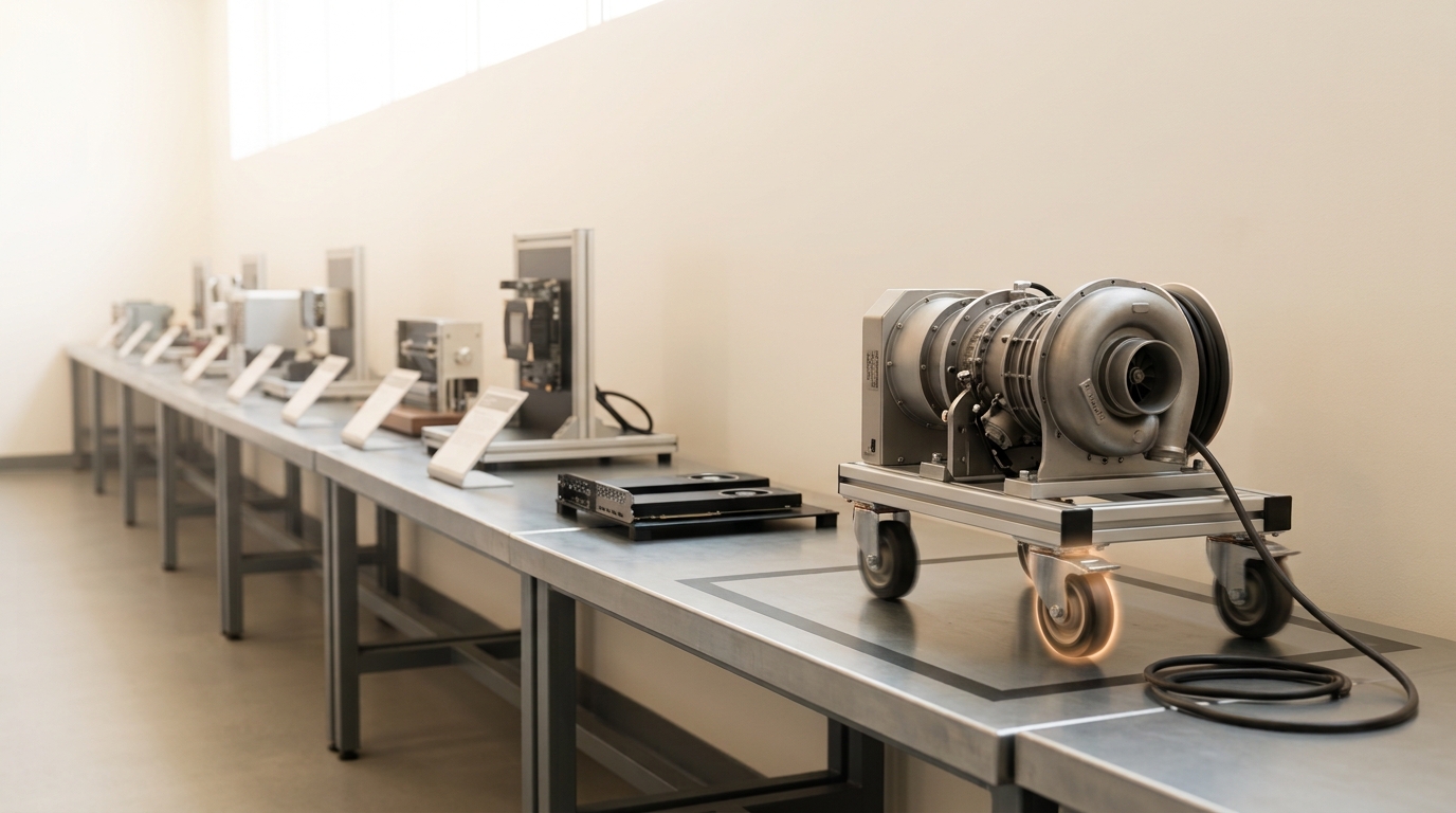 A wide daylit comparison bay with several infrastructure demonstration stations receding down its length, a portable gas-turbine genset skid caught mid-roll on its casters toward the nearest bench