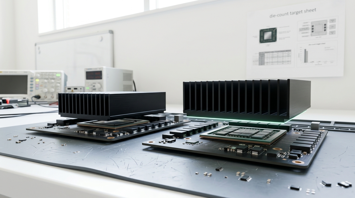 Two generations of Huawei Ascend accelerator boards laid side by side on a bright bench, the newer board's heatsink caught being lowered into place, its die array visibly denser but individually smaller than the older board's