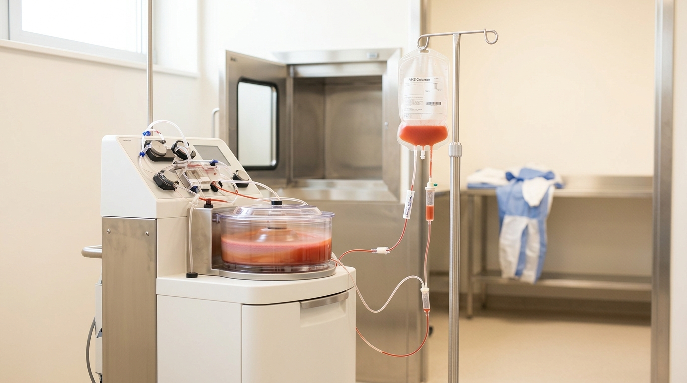 An apheresis machine's extracorporeal tubing set running mid-cycle, its centrifuge chamber spinning to separate cells from returned blood, beside a cleanroom door standing ajar