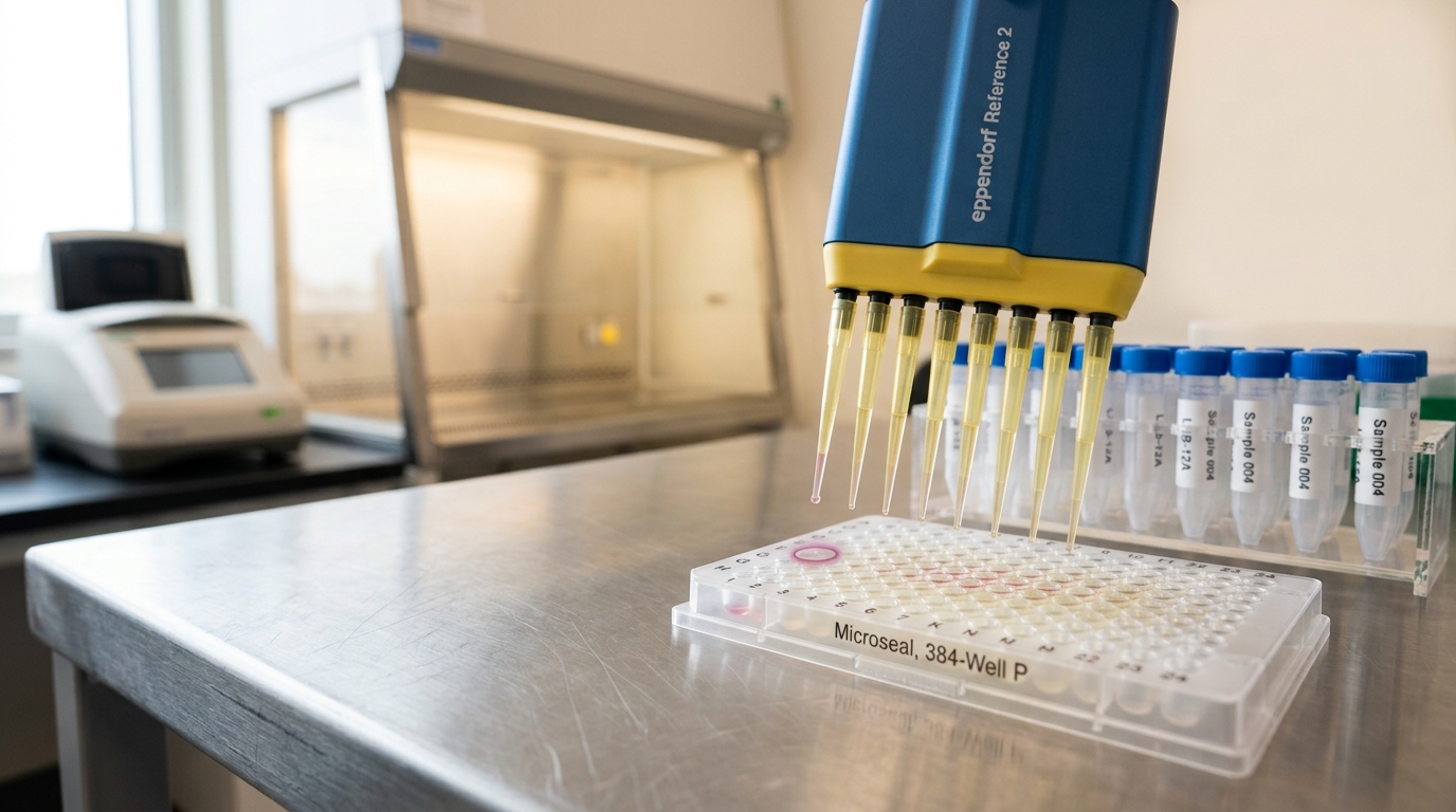 A multi-well genotyping sample plate on a sequencing prep bench with a single row of pipette tips caught mid-descent into wells among hundreds already filled