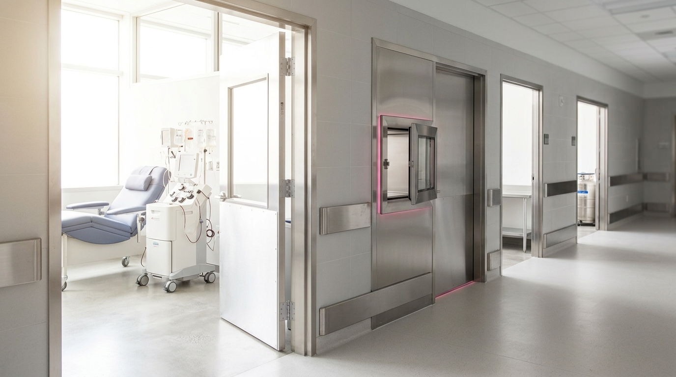 A corridor inside the gene-therapy suite with the apheresis bay, the cleanroom hatch, and the cold-chain bench all visible in sequence through successive open doors