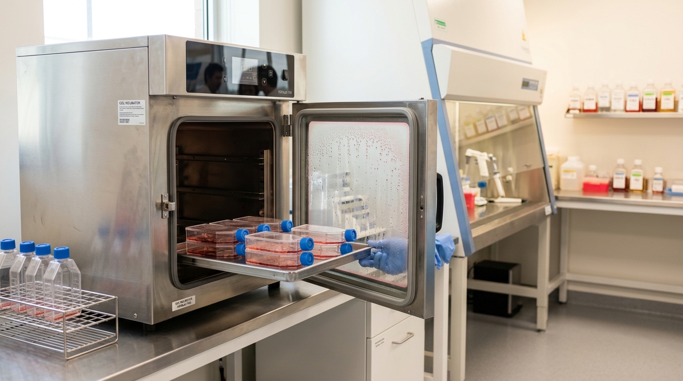 A cell-culture incubator with a tray of sealed flasks caught half-slid into its warmed chamber, the inner door still open and condensation just beginning to bead on the glass
