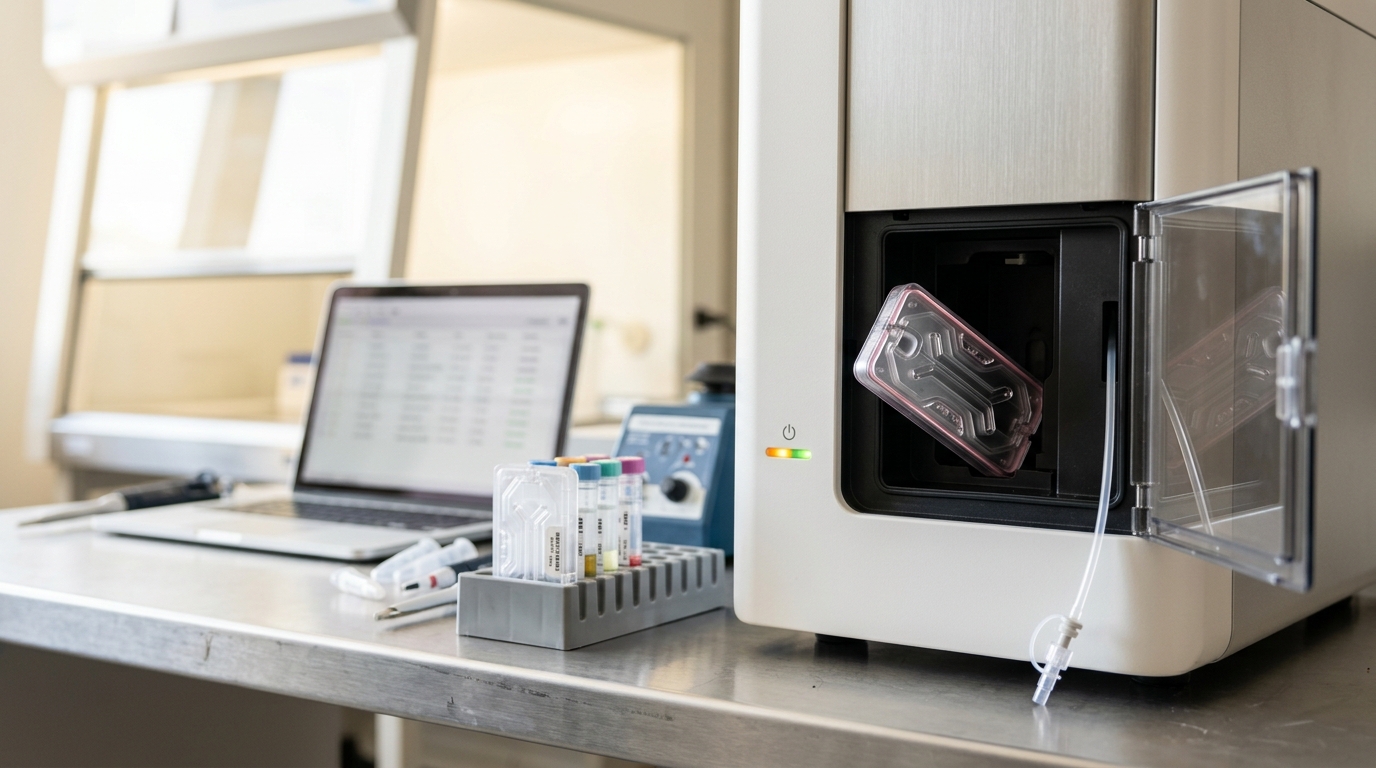 A benchtop DNA sequencer with its flow cell cartridge caught half-seated into the loading bay, a reagent line still hanging disconnected beside it