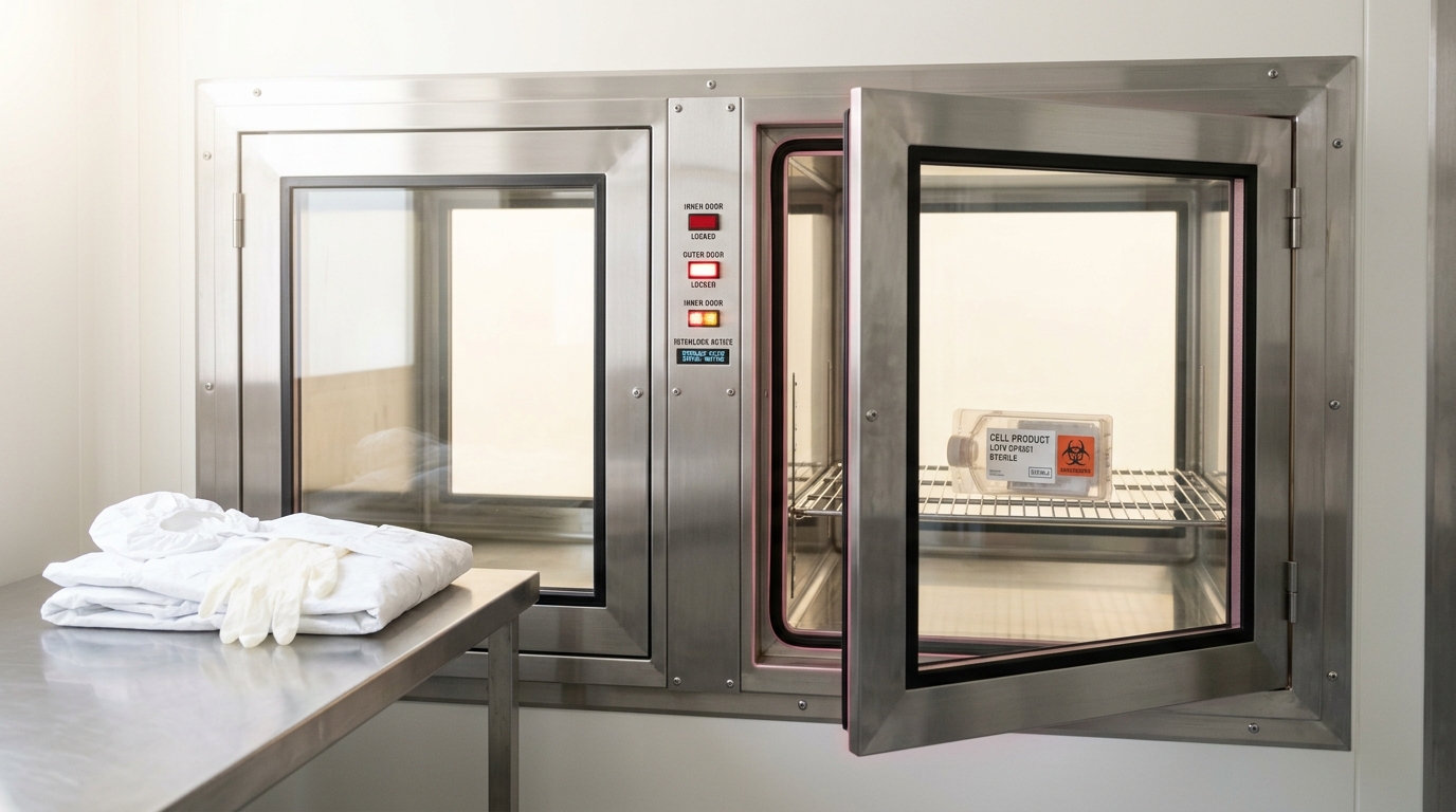 A cleanroom pass-through hatch with its interlocked doors caught mid-cycle, one side sealed shut and the other just cracking open around a sealed cassette of cell product