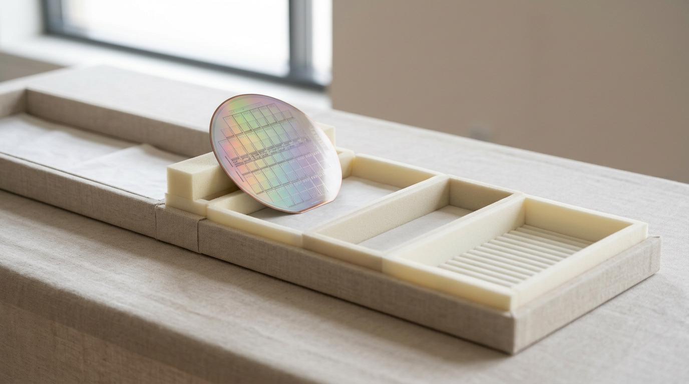 A padded sorting tray dividing into four compartments of different depth and lip height, with a bare polished silicon wafer at the junction just beginning to tip toward one of them