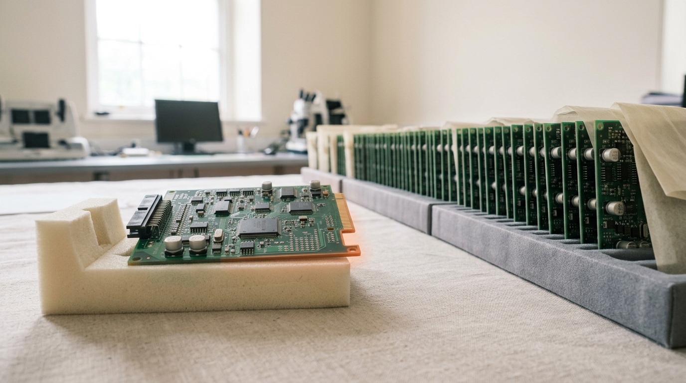 One populated circuit board still rocking onto the foam of a single examination cradle, with a long lateral run of trays packed with identical unexamined boards standing untouched behind it