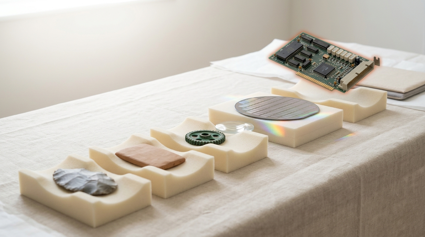 Six foam cradles in a receding line on a linen-covered conservation table holding a flint flake, clay tablet, bronze gear, glass lens and a polished silicon wafer, with a populated circuit board hovering above the empty sixth cradle