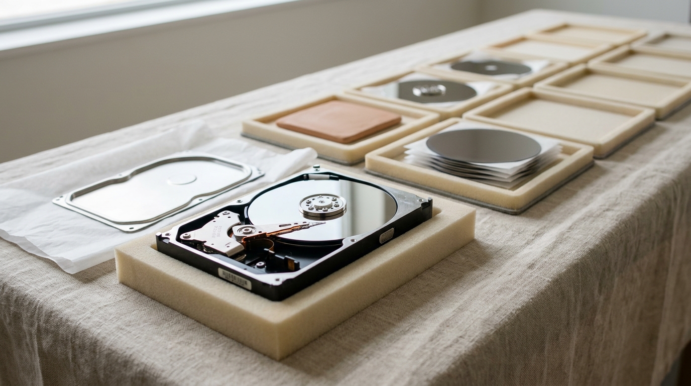 An opened hard drive on a foam cradle with its lid lifted clear and the actuator arm caught part-way across the mirror platter, beside a lattice of shallow trays of platters and silicon wafers with several trays empty