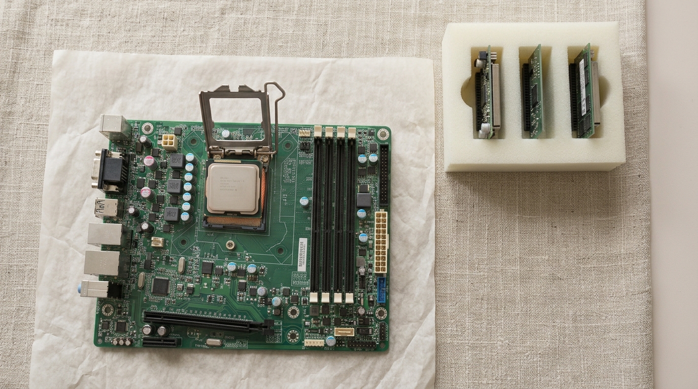 A populated circuit board on acid-free tissue seen from directly overhead, its packaged processor just beginning to rise from an opened socket with a hairline of daylight beneath one side, three modules already seated in a separate cradle