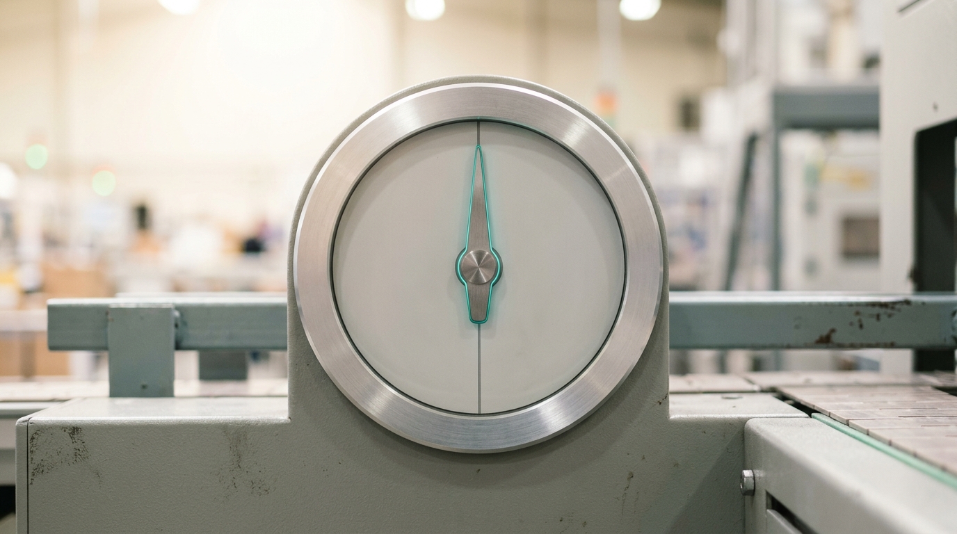 A mechanical cadence dial on a factory-floor console, its single pointer caught mid-sweep crossing from a segment marked for a slower rate toward one marked for a faster rate, both segments unlabelled