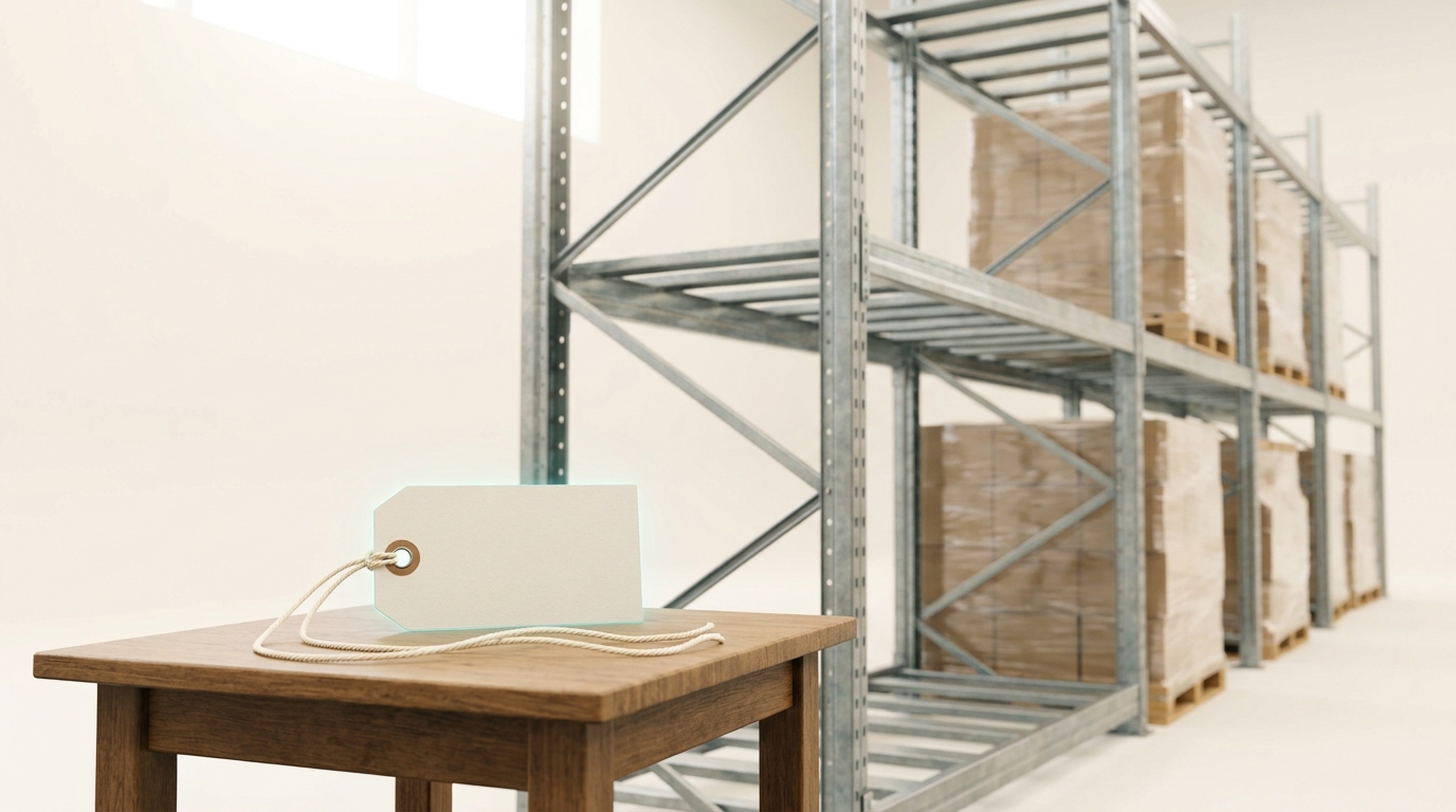 A single blank shipping tag resting on a loading-dock table, a tall pallet rack behind it holding only a handful of loaded pallets out of dozens of empty slots