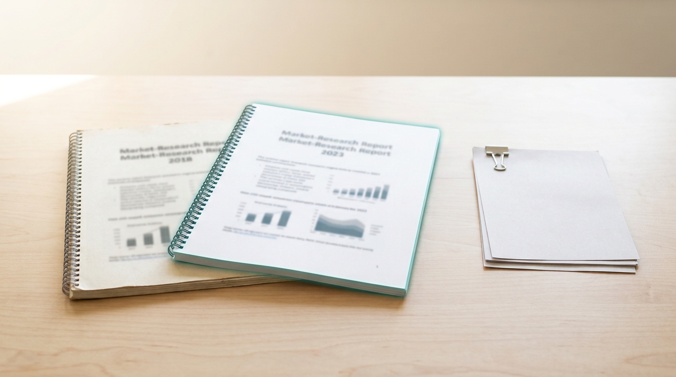 Two bound market-research report covers of different vintages stacked on a bright desk, their titles and figures blurred past legibility, beside a noticeably thinner stack of shipping manifests