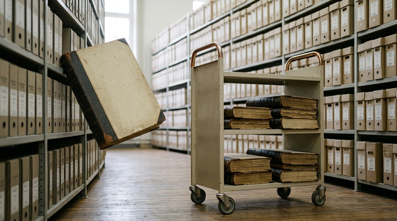 A document cart half-loaded with bound factory ledgers pulled from archive shelving, one ledger still sliding off its shelf.