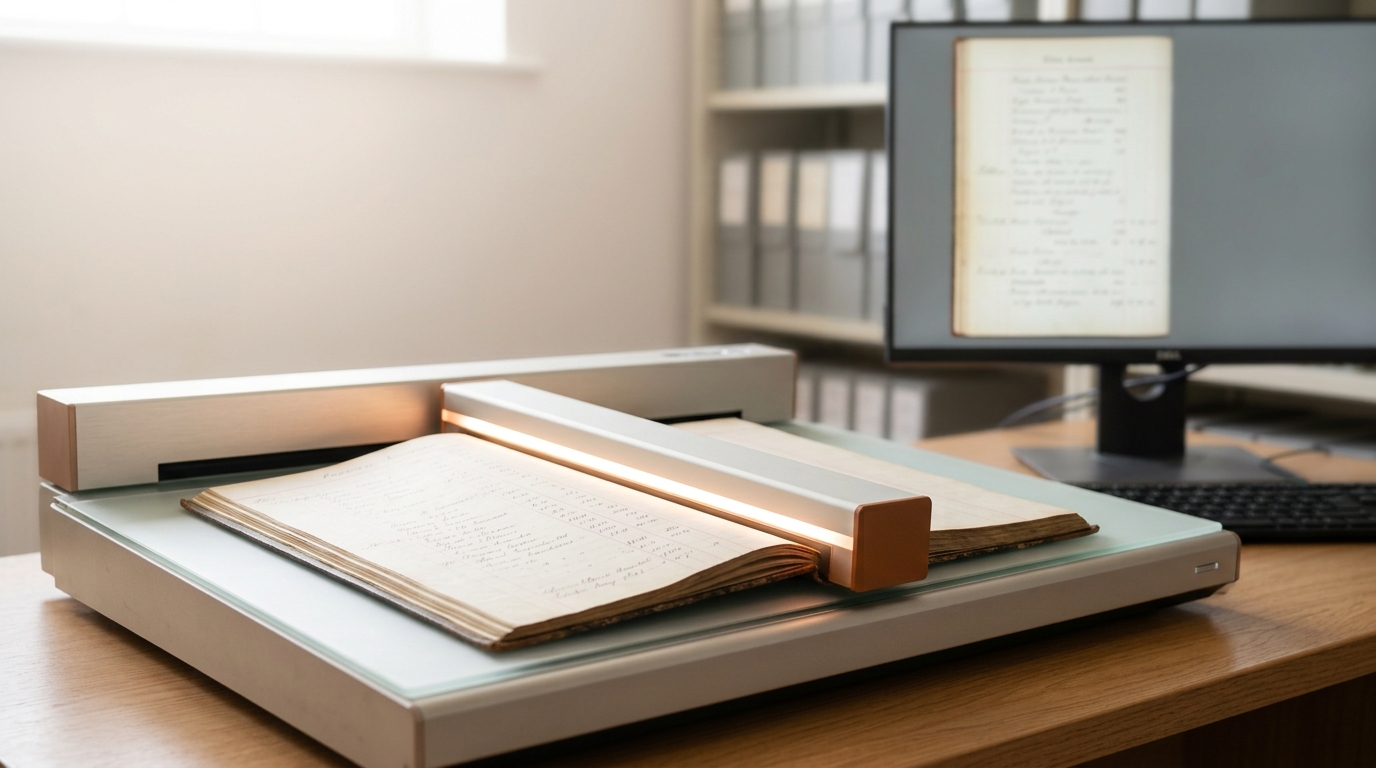 A bound nineteenth-century factory ledger open under a flatbed archival scanner, mid-scan, in a bright economic-history data lab.