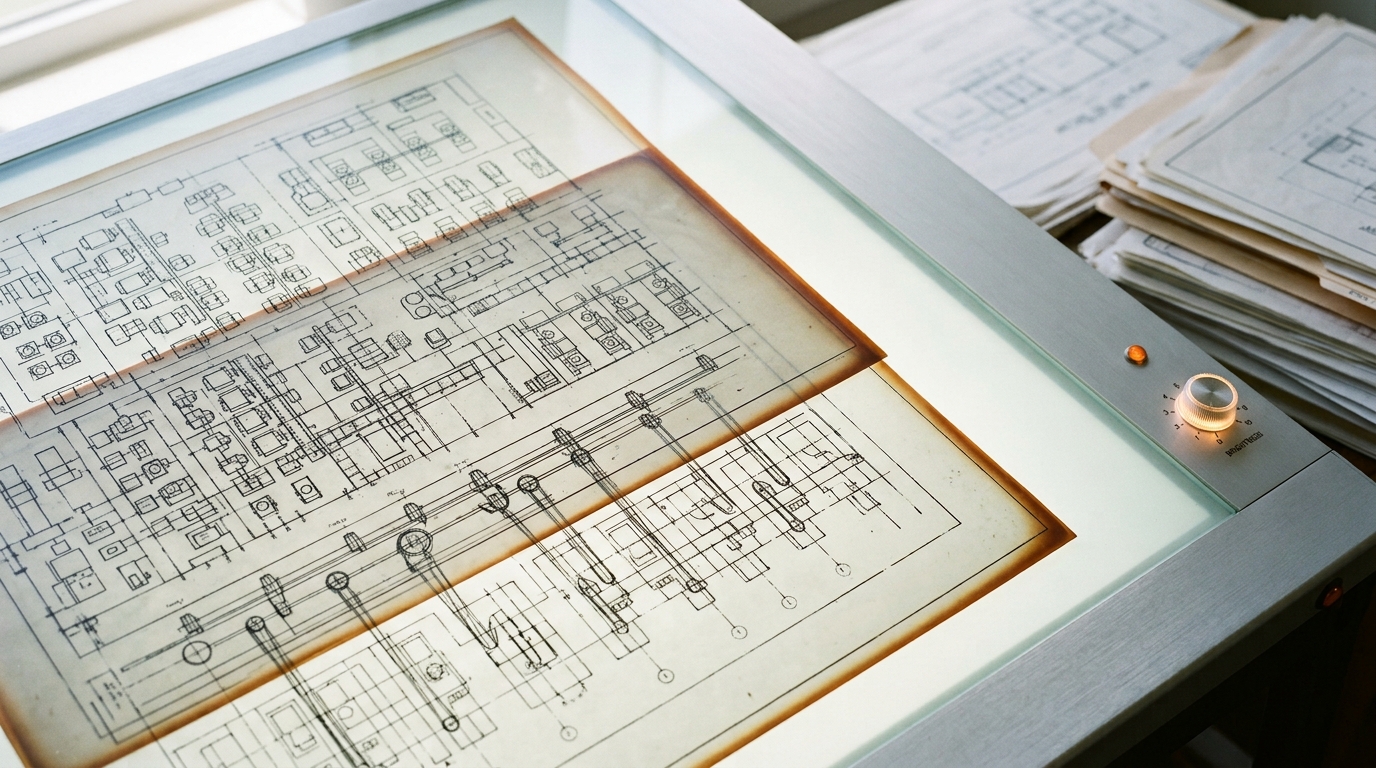 Two transparency overlays of factory floor plans on a light table, one line-shaft layout and one unit-drive layout, mid-alignment.