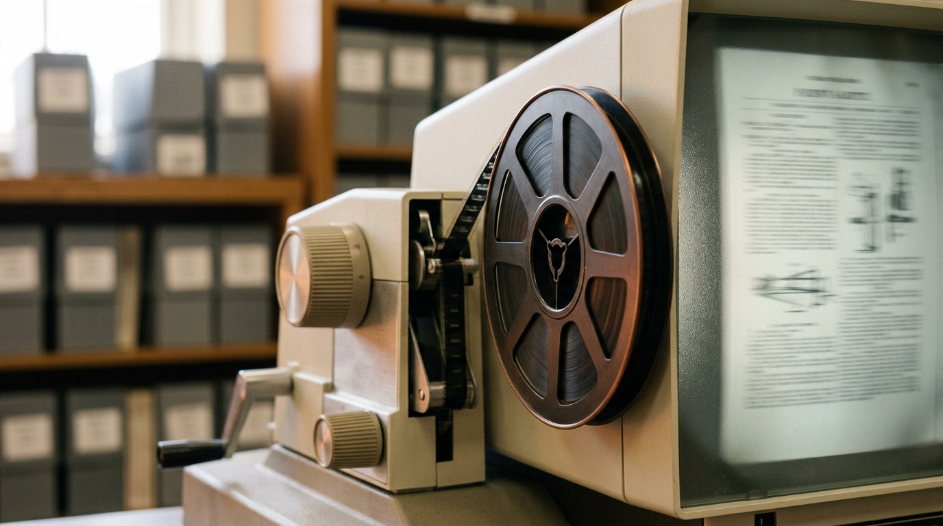 A microfilm reel of a nineteenth-century patent gazette threaded mid-load into a reader, the reel still turning.