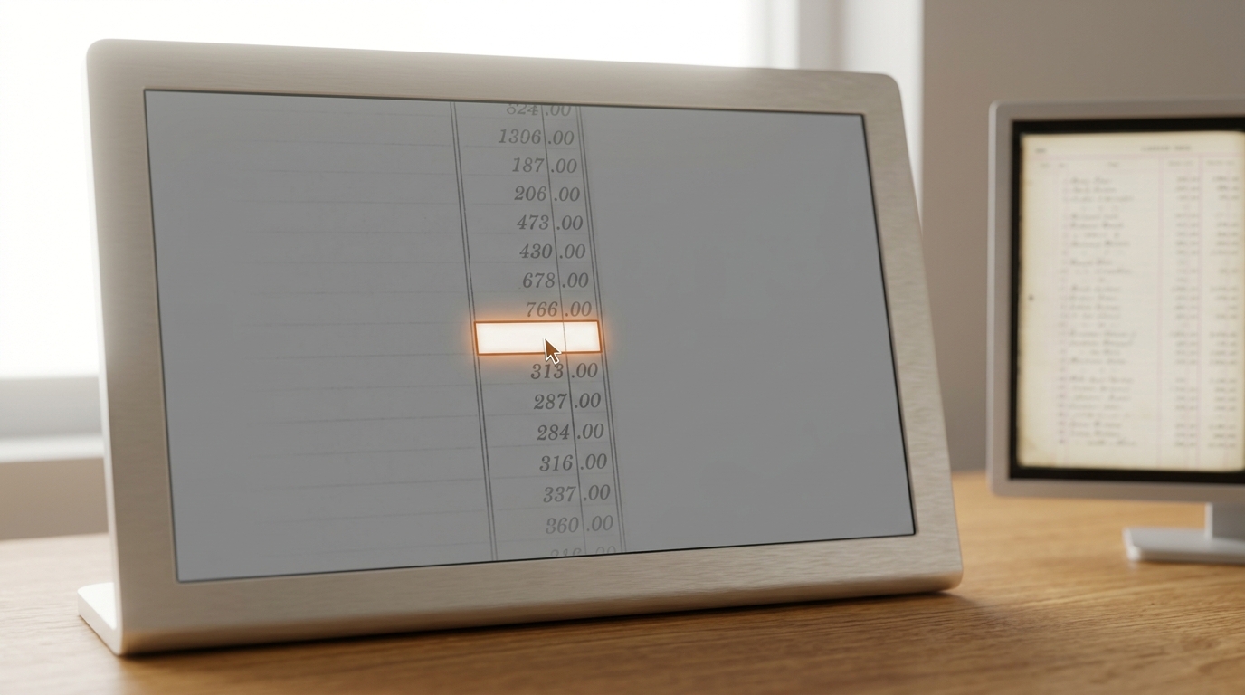 An OCR verification terminal showing a scanned ledger column with one garbled digit highlighted for correction.