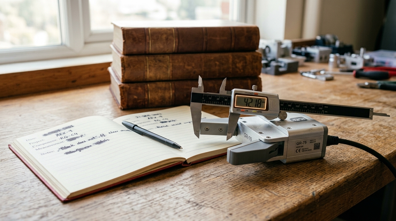 A small industrial robot gripper module being measured on a site table beside bound adoption-rate record books, calipers still open on the part.