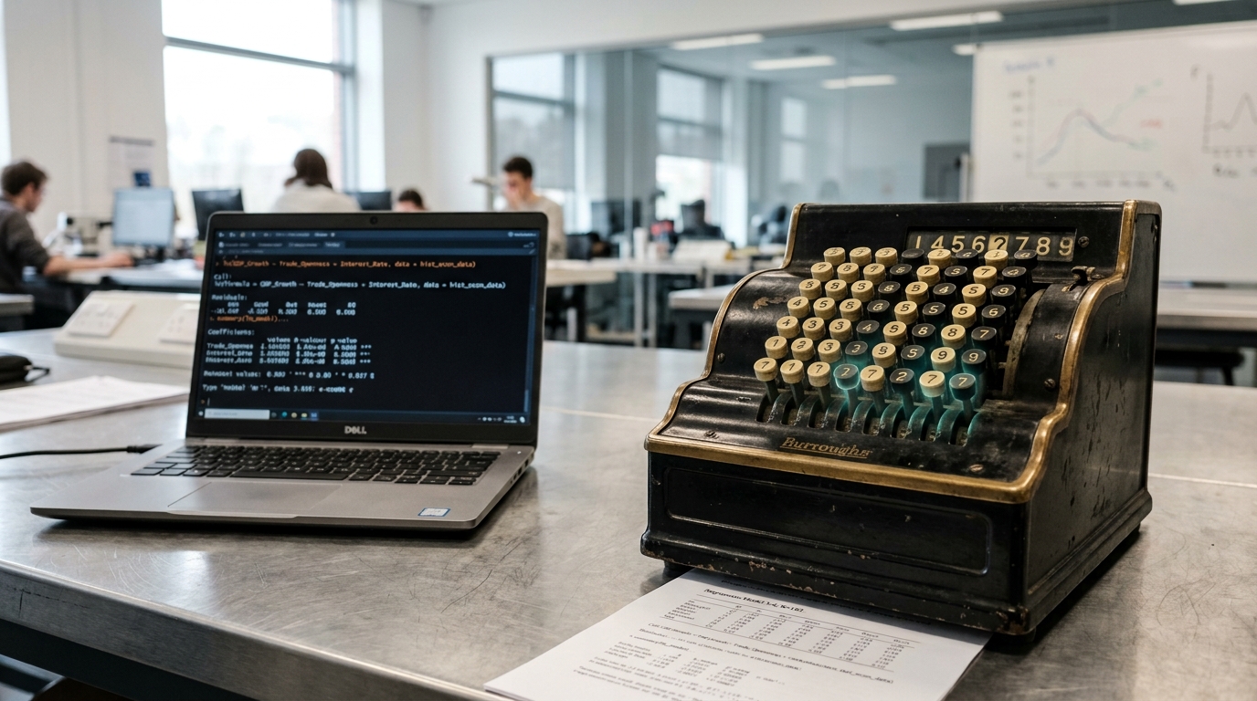 A mechanical comptometer beside a modern laptop terminal window, its brass keys caught mid-press while a printed regression output sheet sits half slid beneath it