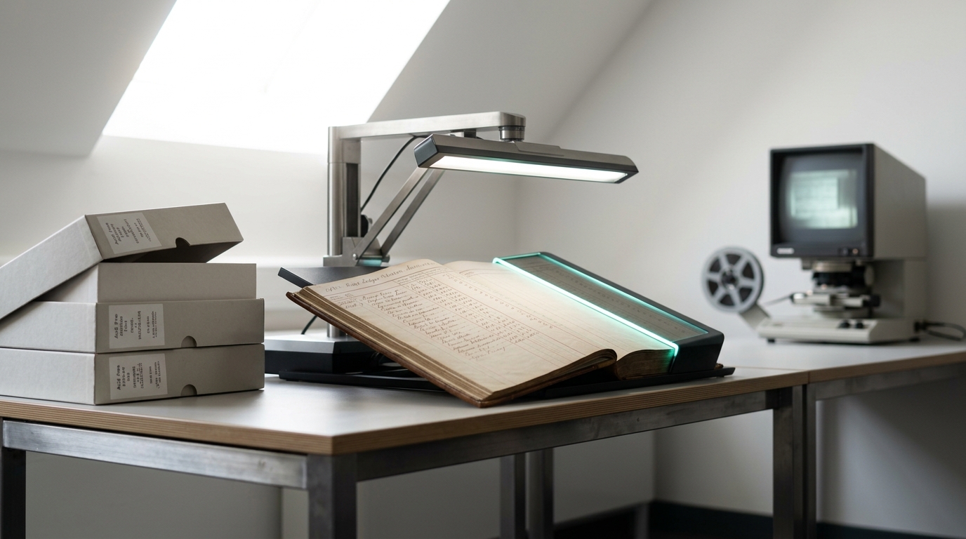 A flatbed rostrum scanner mid-scan over an open eighteenth-century wage ledger on a steel worktable, its bar of white light caught crossing the page beside stacked archive boxes and a microfilm reader