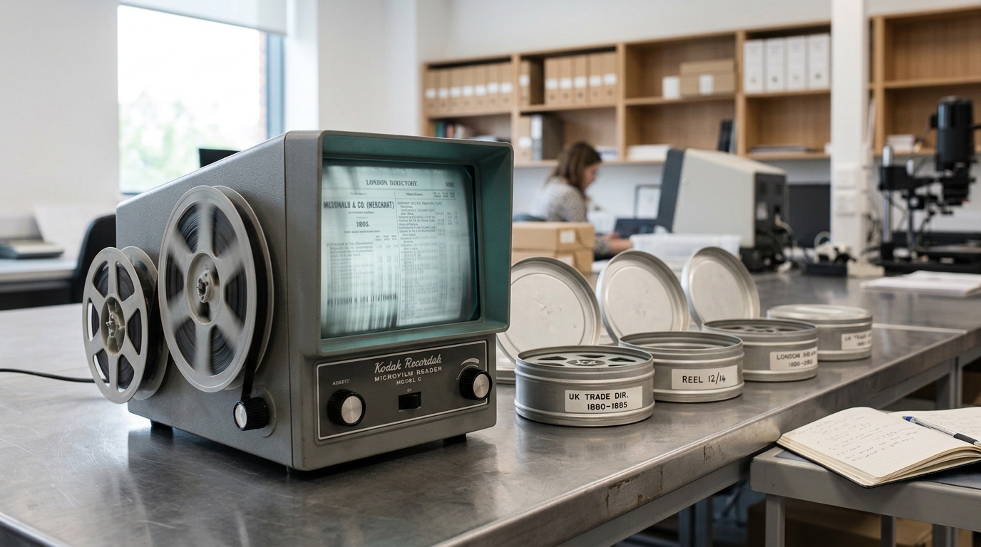 A microfilm reader with its reel caught mid-advance across successive frames of a trade directory, one frame glowing on the small screen beside a row of loaded reel canisters