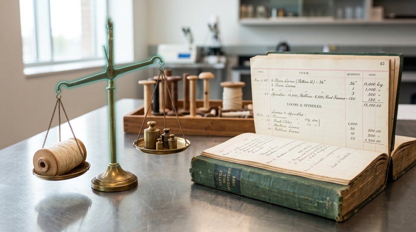 A machinery-inventory ledger from a textile mill open on a table beside a small brass balance scale mid-tip, weighing a sample bobbin against a counterweight