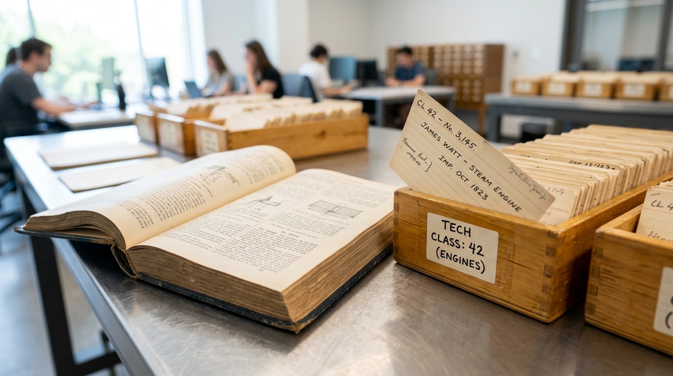 An open bound volume of a nineteenth-century patent gazette on a table beside shallow trays of hand-sorted index cards, one card caught being slid into a partly filled tray