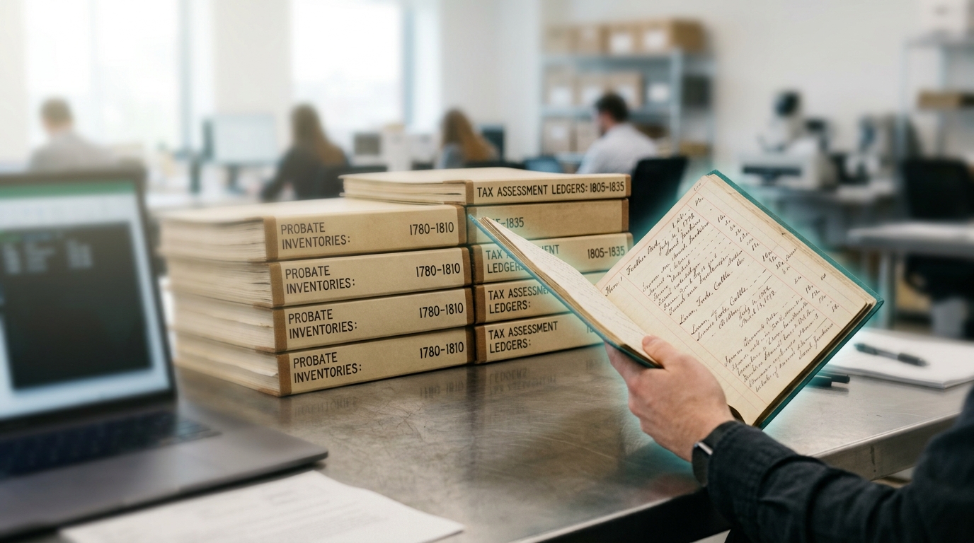 Two stacks of archive folders from different centuries meeting at a splice point on a worktable, one folder of probate inventories held half-open mid-transcription beside a laptop with a terminal window