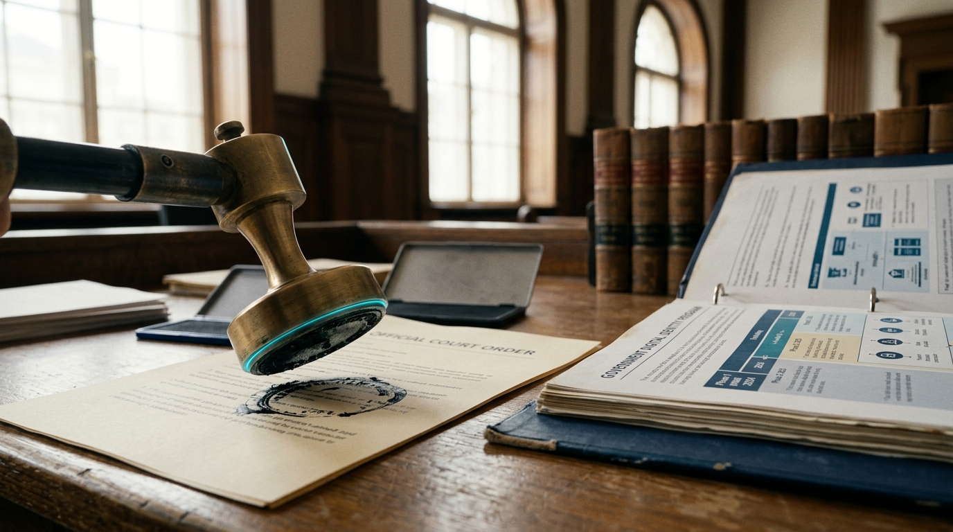 A courtroom clerk's desk with a printed injunction order half-stamped, pausing a digital-ID rollout binder open beside it