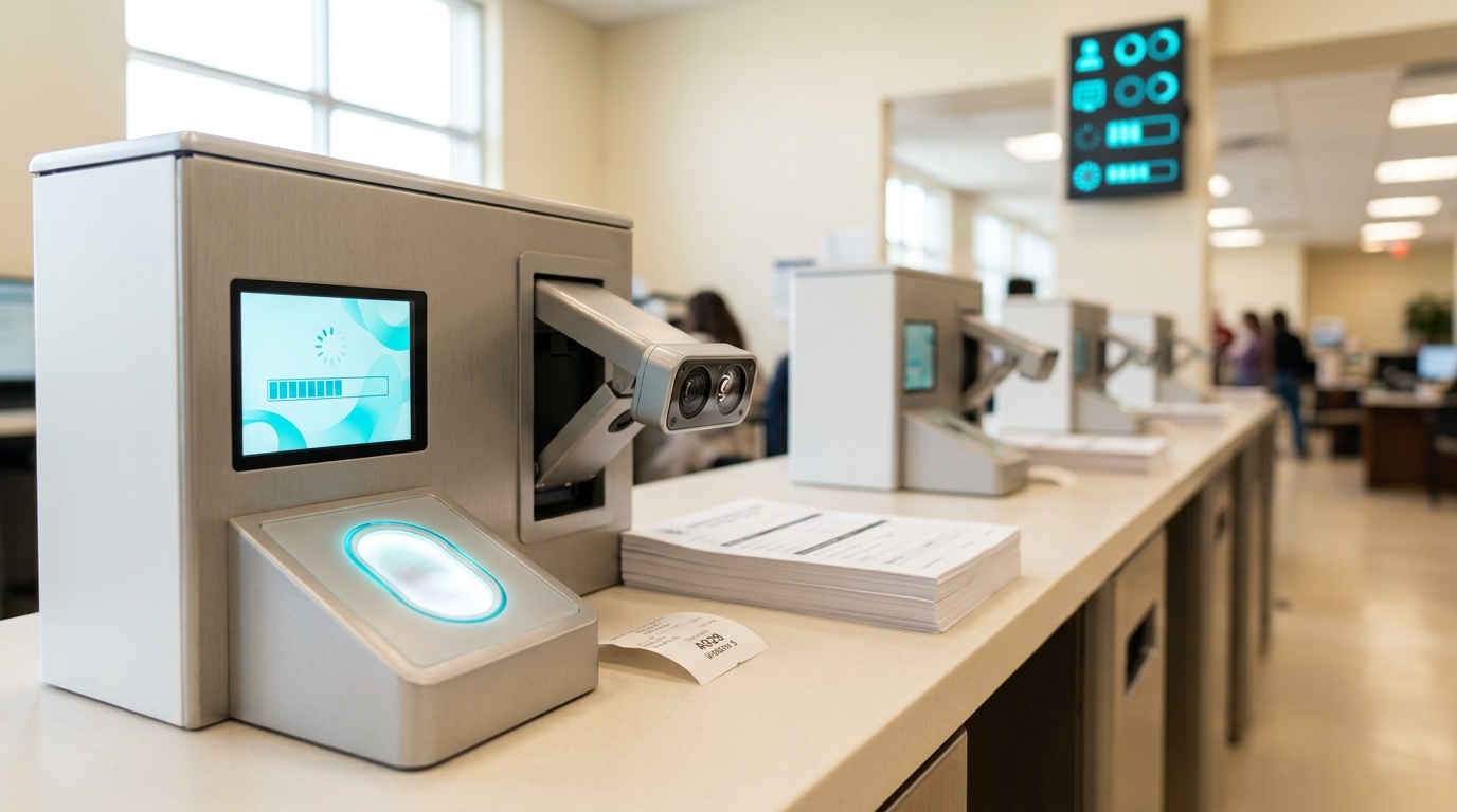 A biometric enrollment kiosk mid-scan in a national identity registration office, one fingerprint pad still lit while a clerk's queue ticket waits unclaimed